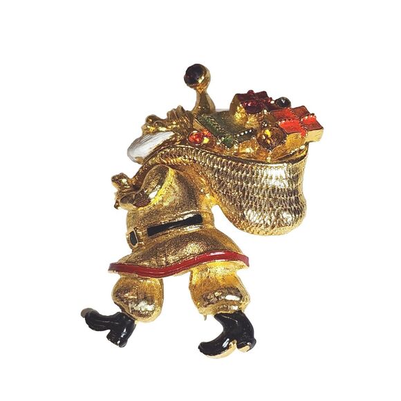 Vtg ART Arthur Pepper Goldtone Enamel Rhinestone Santa Christmas Brooch Signed - Picture 1 of 8
